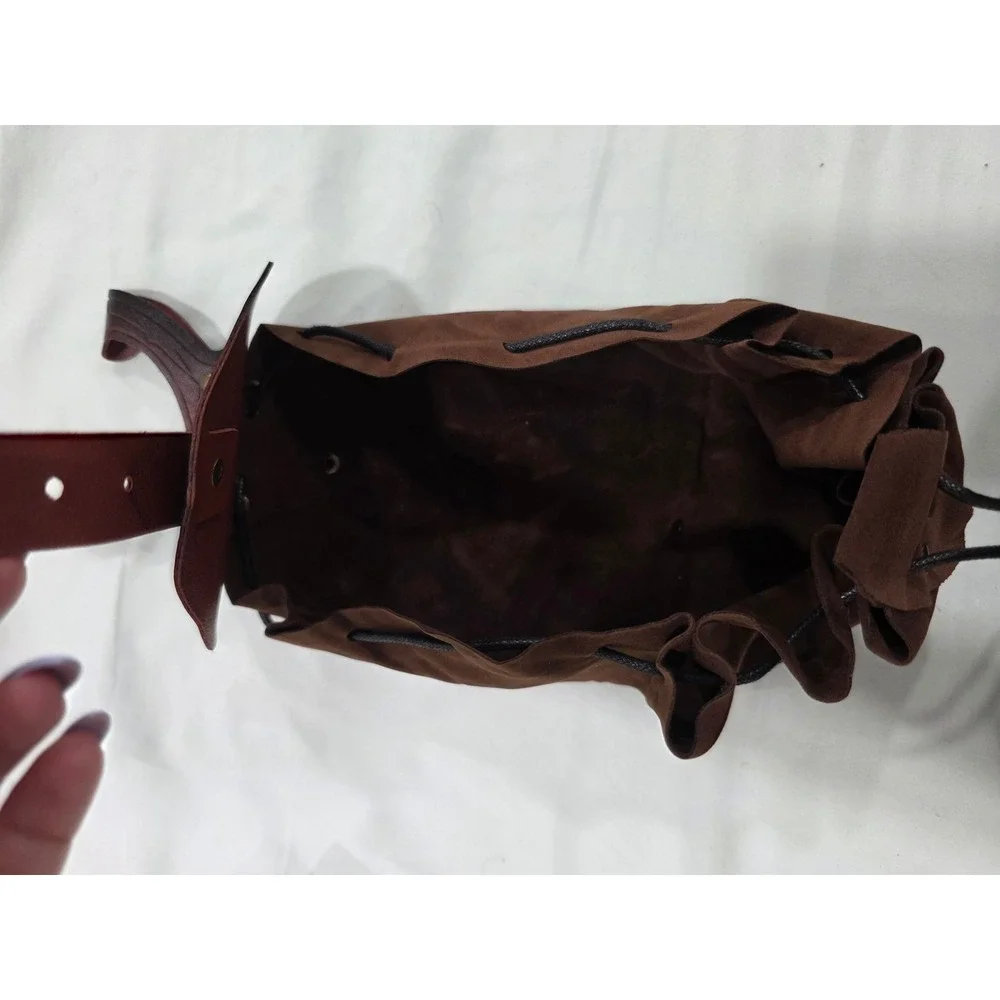 Medieval Celtic Knot Embossed Belt and Leaf Flap Pouch Set Brown LARP Cosplay